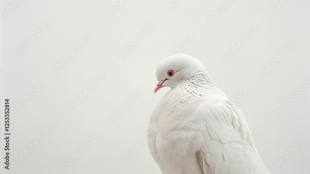 A beautiful white pigeon with a delicate pink beak and feet. The pigeon is facing to the left of the viewer. The background is a soft, light grey. A beautiful white pigeon with a delicate pink beak and feet. The pigeon is facing to the left of the viewer. The background is a soft, light grey.