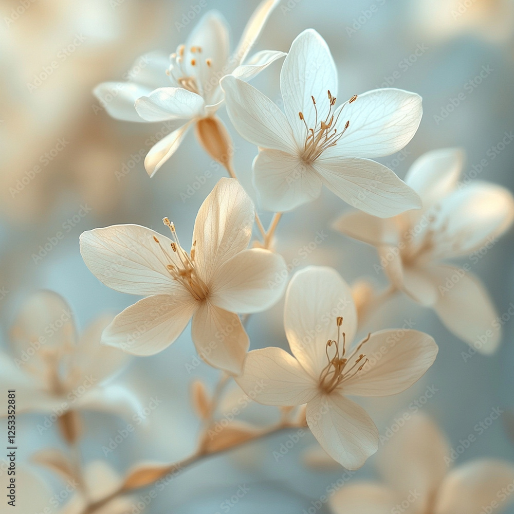 Fototapeta premium Delicate white flowers bloom softly in a serene setting, highlighting the beauty of nature and tranquility. Generative AI