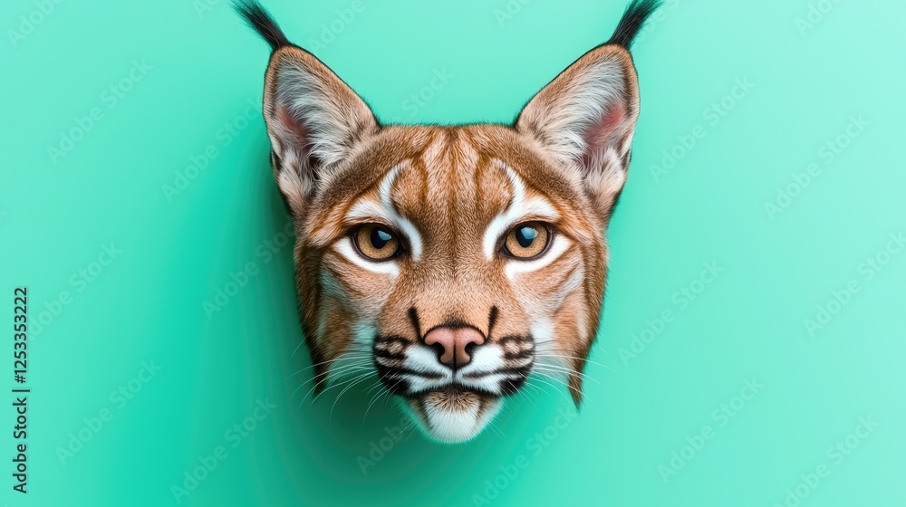 Obraz premium Lynx head through teal paper; playful animal portrait