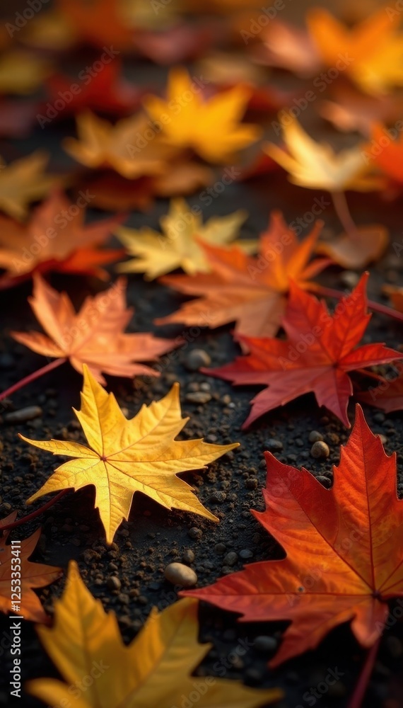 Crisp brown and orange maple leaves scattered on the ground , fall, vibrant, leaf litter Crisp brown and orange maple leaves scattered on the ground , fall, vibrant, leaf litter