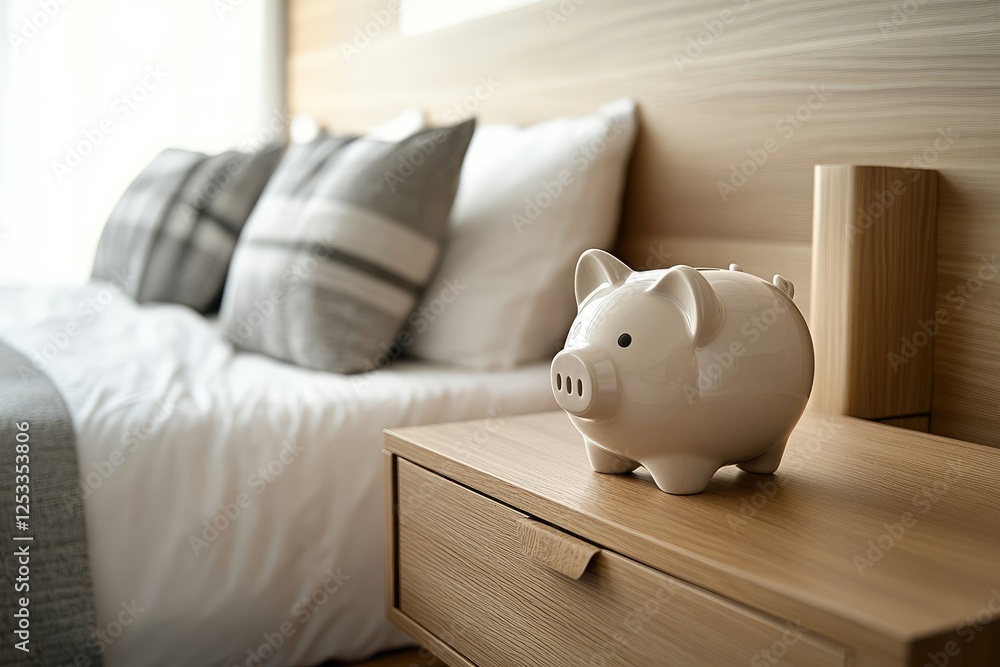 Adorable piggy bank sits on a bedside table, bathed in warm evening light.