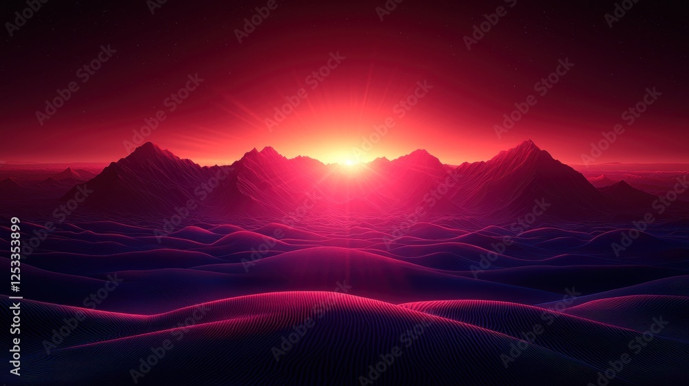 Crimson Horizon, An Abstract Landscape with Mountain Peaks and Glowing Dunes Crimson Horizon, An Abstract Landscape with Mountain Peaks and Glowing Dunes