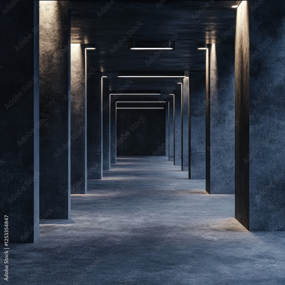 Fototapeta premium Concrete corridor, underground parking, dim lighting, architecture background, design concept