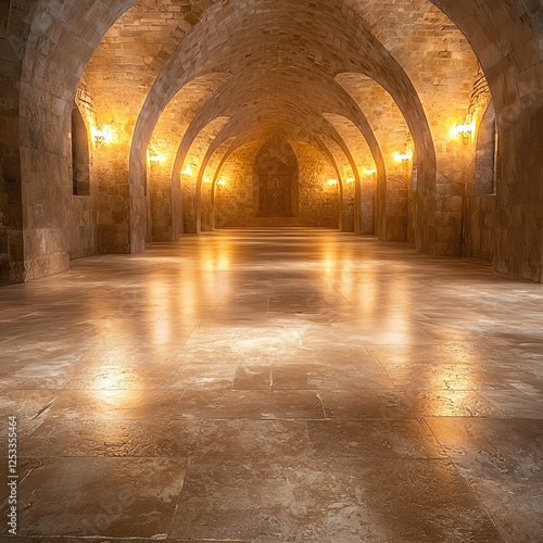 church of the holy sepulchre Historic stone archway with warm glowing lights. photo