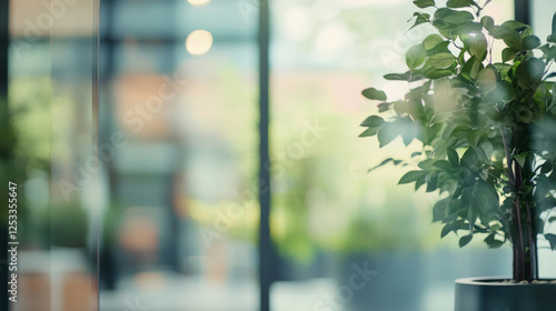 A modern office interior with panoramic windows offering natural light and a spacious workspace creating a clean and professional environment. AI generative photo