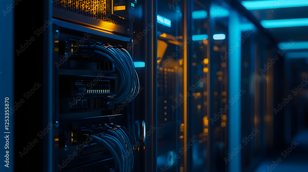 Naklejka premium Cable management in a data center, with network cables and a patch bay inside a server rack, featuring a blue light effect
