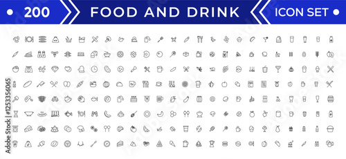 Food and drink icon collection set. Thin outline icons. Meat, milk, noodle, soup, bread, egg, cake, sweets, fruits, vegetables, drinks, nutrition, pizza, fish, sauce, cheese icon