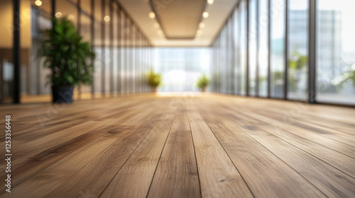 A contemporary business office with wooden floors and an open floor plan. AI generative photo