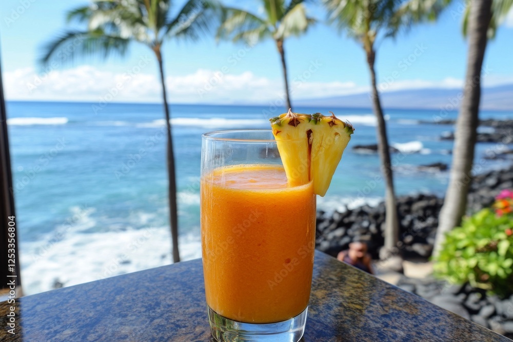 Obraz premium Tropical pineapple smoothie with ocean view and palm trees