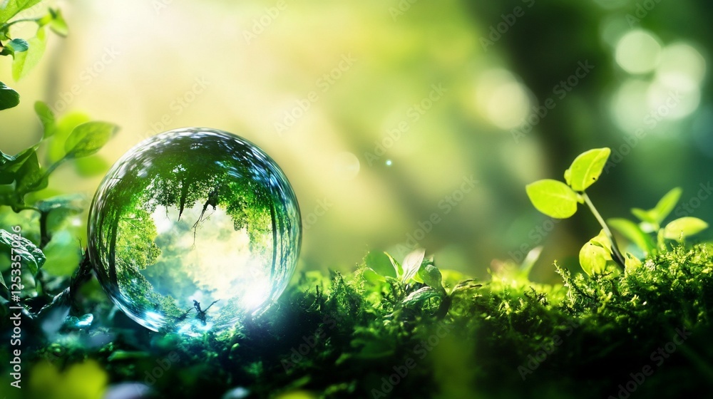 A mesmerizing globe reflecting a lush forest, nestled among moss and sprouting leaves A mesmerizing globe reflecting a lush forest, nestled among moss and sprouting leaves