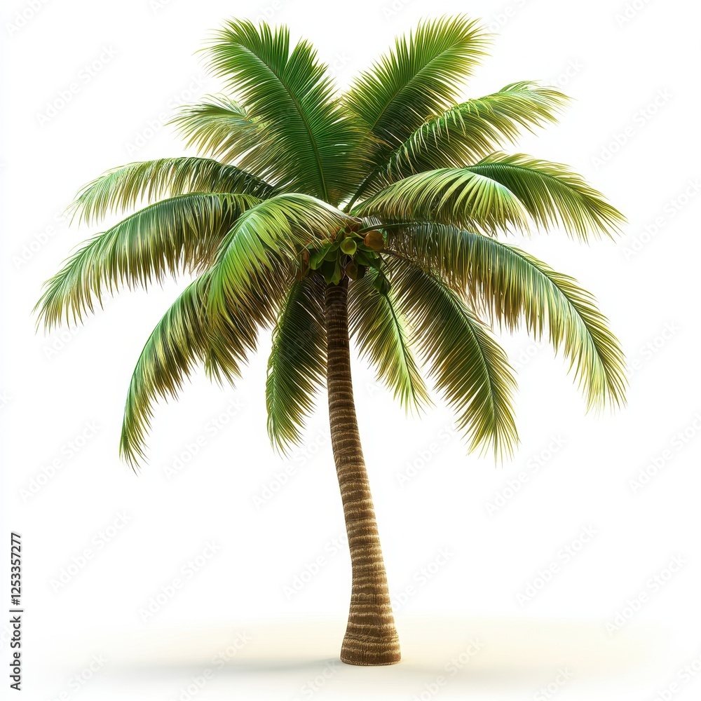 Fototapeta premium Lush Green Palm Tree Isolated on White Background with Tropical Vibe