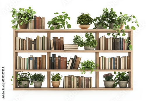 A cozy corner with a wooden bookcase stacked with books and topped with a small houseplant. AI generative photo