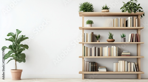 Wooden bookshelves filled with books and a potted plant create a stylish and cozy atmosphere for a modern interior design. AI generative photo