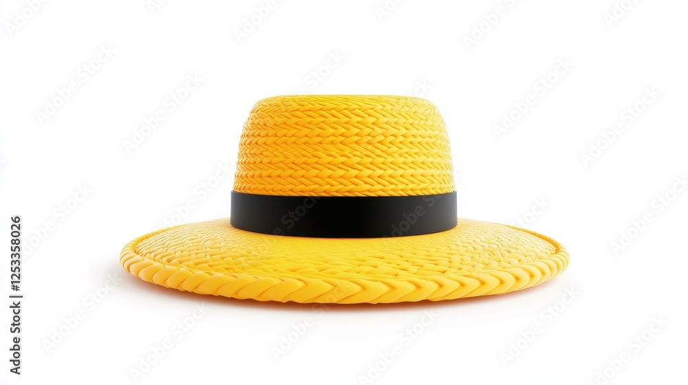 Bright Yellow Straw Hat with Black Band on White Background Bright Yellow Straw Hat with Black Band on White Background