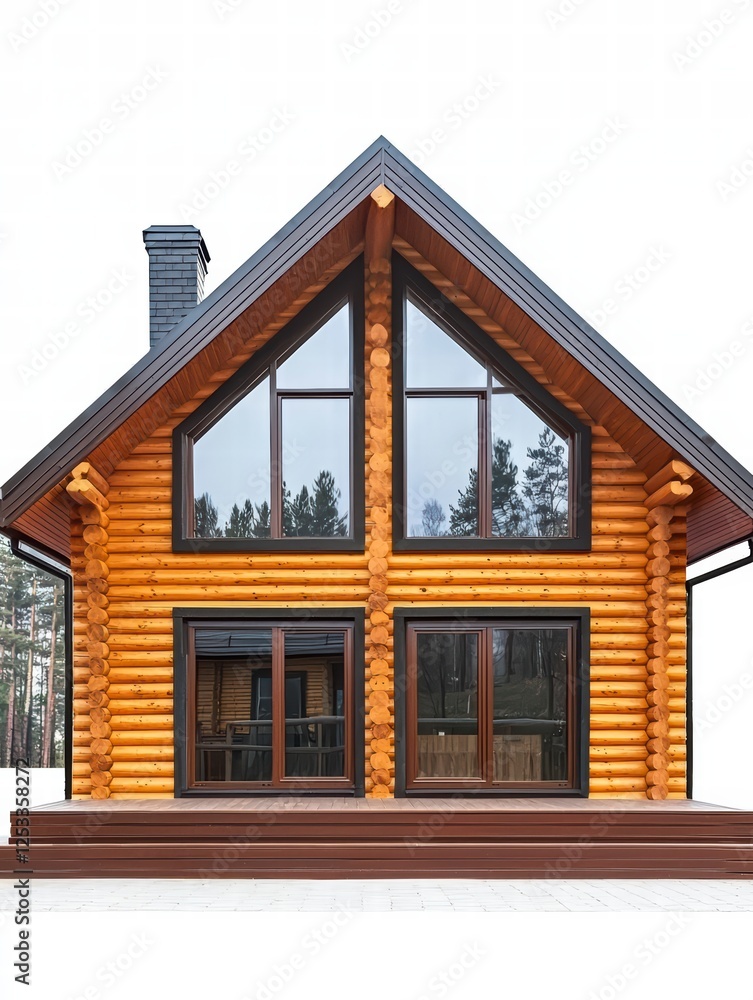 Rustic Log Cabin: A charming and cozy log cabin with a large triangular window design, nestled against a snowy backdrop, exudes a sense of tranquility and peace. The rich wood tones of the cabin. Rustic Log Cabin: A charming and cozy log cabin with a large triangular window design, nestled against a snowy backdrop, exudes a sense of tranquility and peace. The rich wood tones of the cabin.