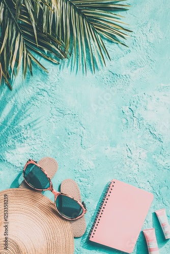 A sandy shore adorned with a towel, hat, and summer gear, offering space for text. Great for vacation and travel imagery. Tropical holiday backdrop