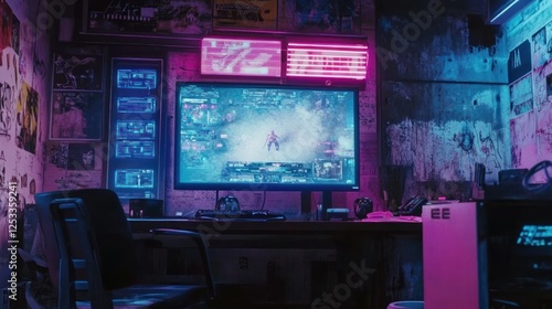 Cyberpunk Gamer Workstation Neon Lit Room