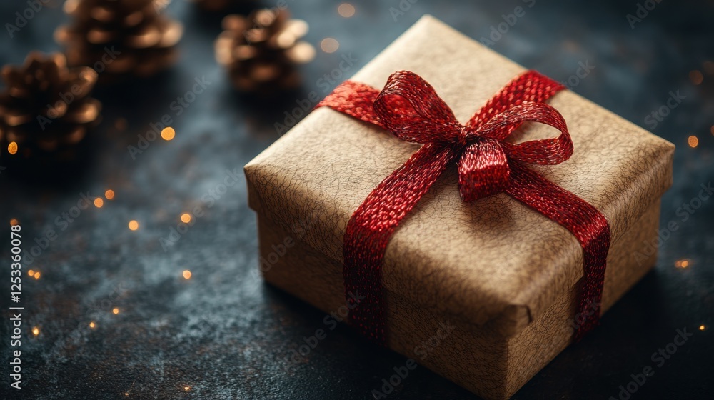 Rustic Christmas Gift Box with Red Ribbon Festive Holiday Present Rustic Christmas Gift Box with Red Ribbon Festive Holiday Present