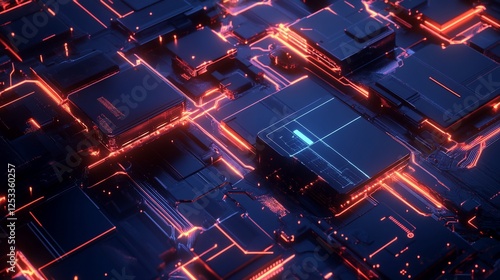 Wallpaper Mural Abstract circuit board with glowing orange paths and geometric shapes in a futuristic design Torontodigital.ca