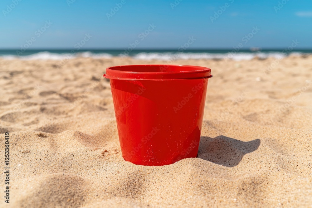 Red plastic bucket on sandy beach, ocean background, summer fun, leisure activity, suitable for kids, travel, possible for advertisement Red plastic bucket on sandy beach, ocean background, summer fun, leisure activity, suitable for kids, travel, possible for advertisement