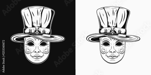 Carnival venetian face mask with Mardi Gras tall top hat with belt, band with fleur de lis pins. Festival masquerade accessories. Detailed black and white illustration in vintage style. Front view.k