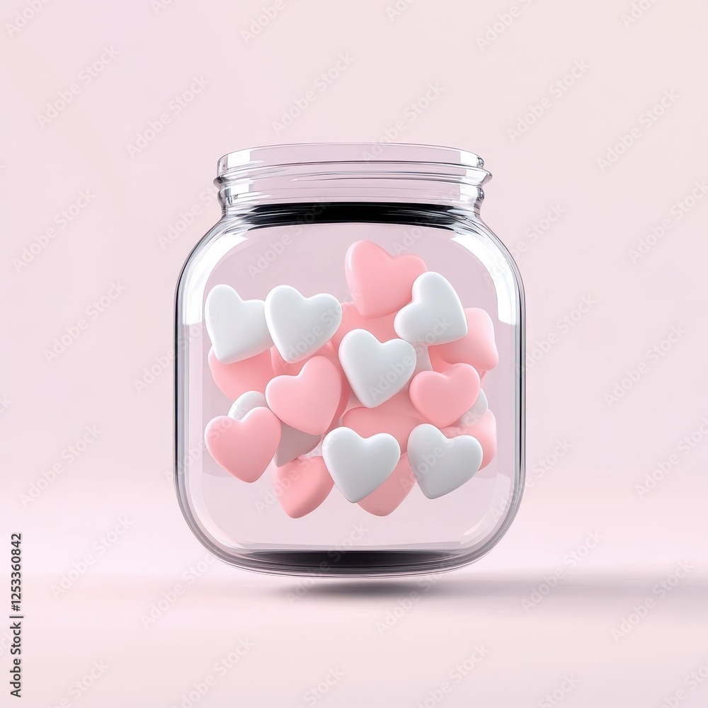 Colorful Heart-Shaped Candy in Clear Glass Jar on Soft Background Colorful Heart-Shaped Candy in Clear Glass Jar on Soft Background