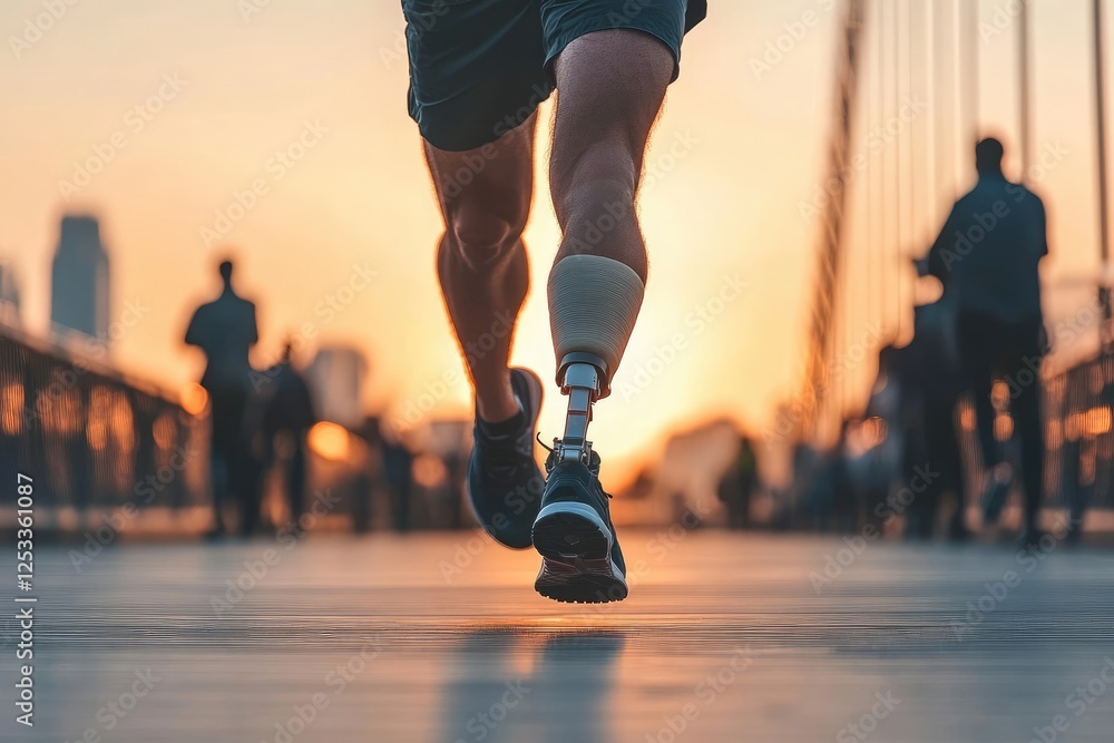 Fototapeta premium A man with a prosthetic leg runs on a city bridge walkway at sunrise.
