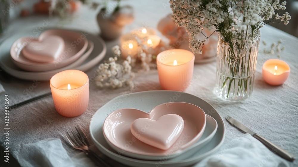 Romantic Valentine's Day dinner table setting with heart-shaped plates, candles, and flowers. Romantic Valentine's Day dinner table setting with heart-shaped plates, candles, and flowers.