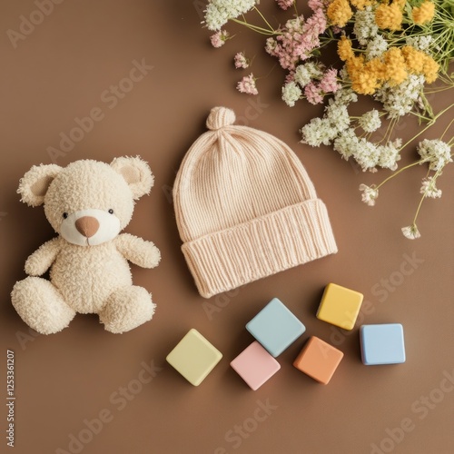 Baby's soft hat, teddy, blocks, flowers.  Nursery decor, newborn photography