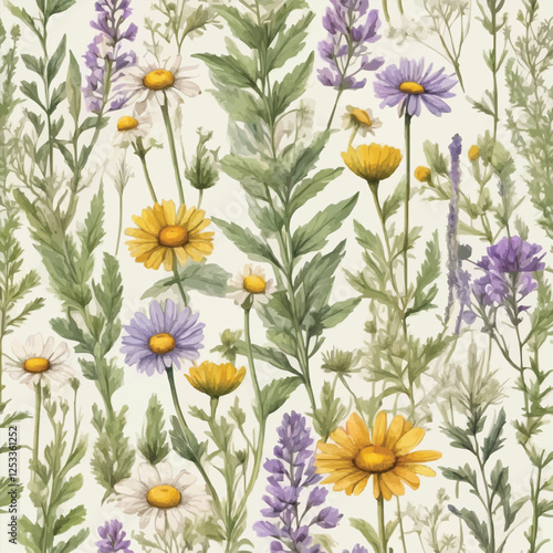 Wallpaper Mural Vintage watercolor seamless botanical pattern with different plants Torontodigital.ca