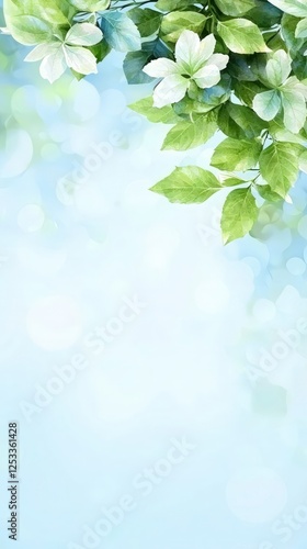 Watercolor Painting of White Flowers and Green Leaves on a Light Blue Background