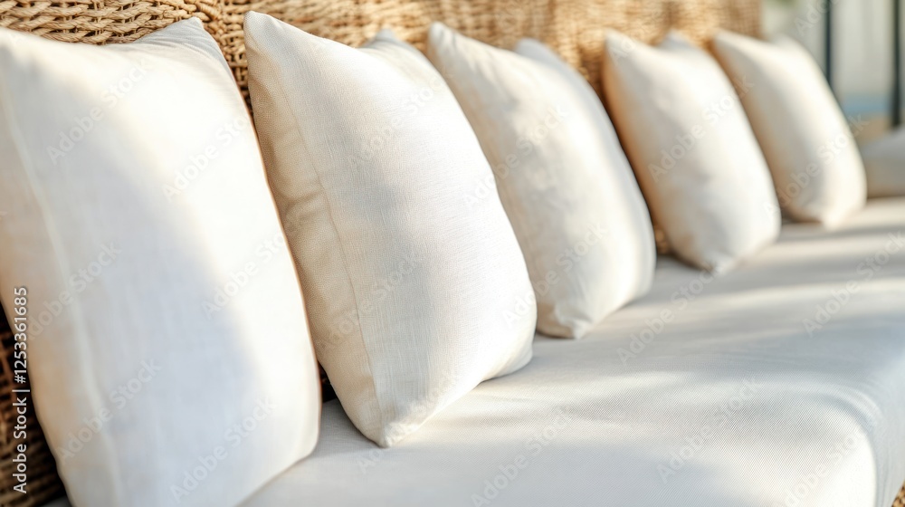 Fototapeta premium A large, comfortable outdoor sofa with wicker cushions and white fabric seats on the terrace of an elegant garden or courtyard for relaxation in summer