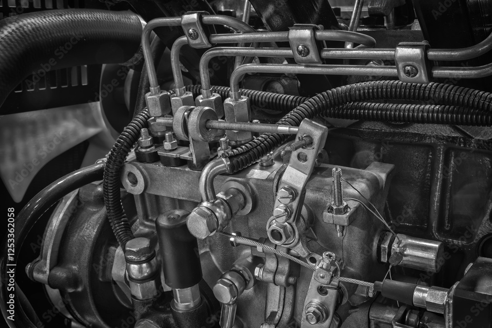 Big diesel engine close up feed from the side, industrial service engine concept background Big diesel engine close up feed from the side, industrial service engine concept background