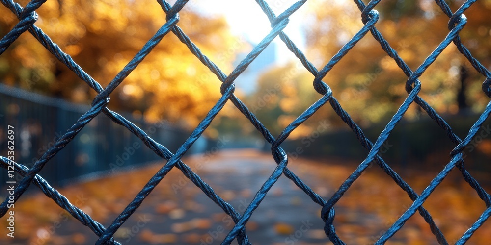 Autumnal View Through Chain Link Fence: Golden Leaves and Sunlit Path Autumnal View Through Chain Link Fence: Golden Leaves and Sunlit Path