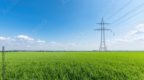 High-voltage pylon in green field, sunny day