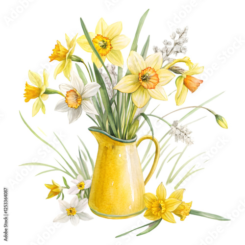 bouquet of daffodils in a vase isolated on alpha layer