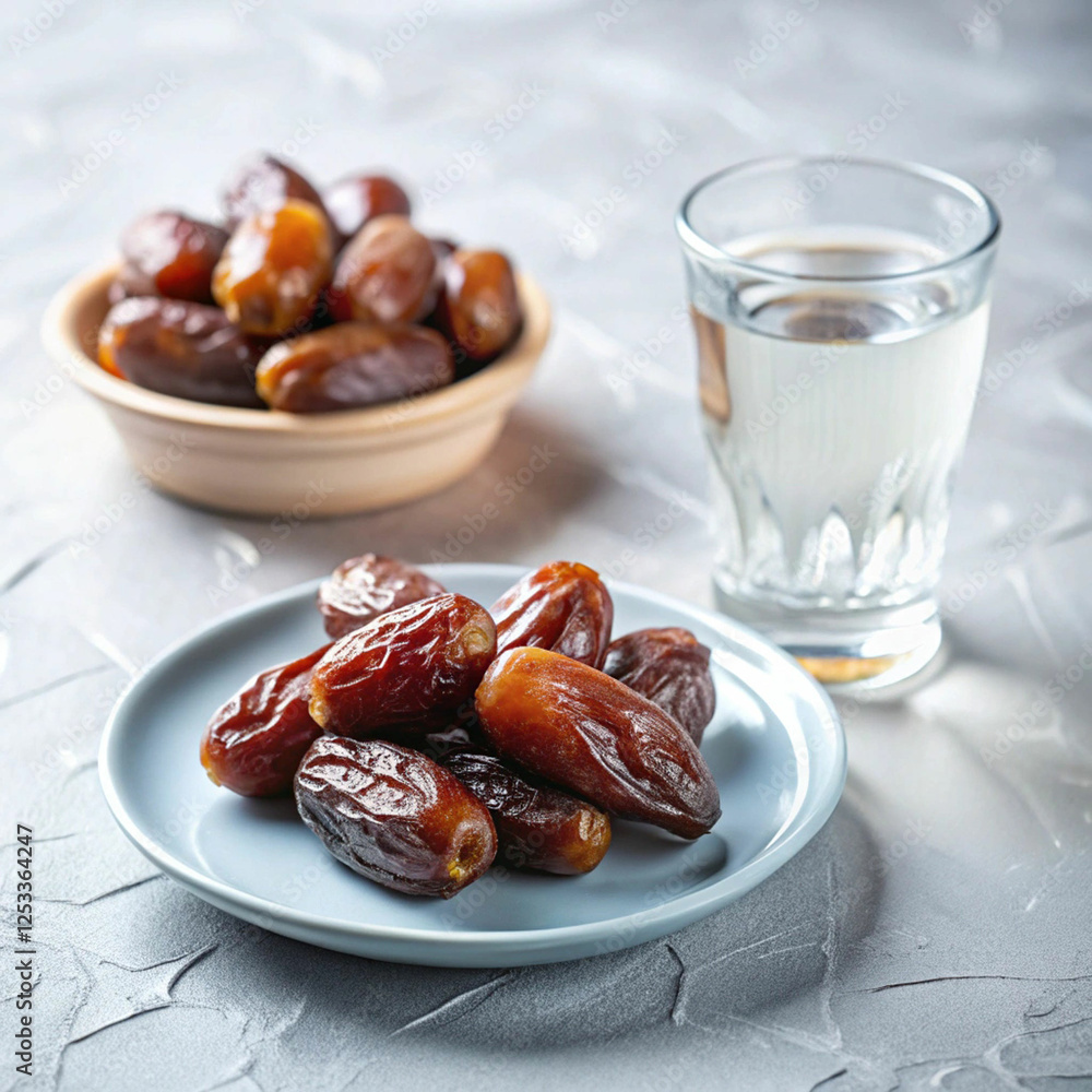 A small elegant plate filled with glossy dates beside a cup of Arabic coffee A small elegant plate filled with glossy dates beside a cup of Arabic coffee