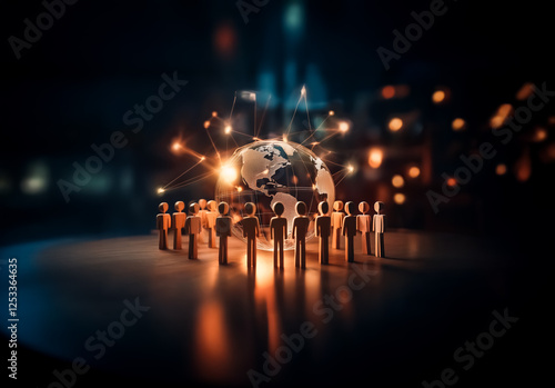 A group of wooden figures encircles a glowing globe, interconnected with bright lines against a dark, blurred backdrop, symbolizing global network and unity.