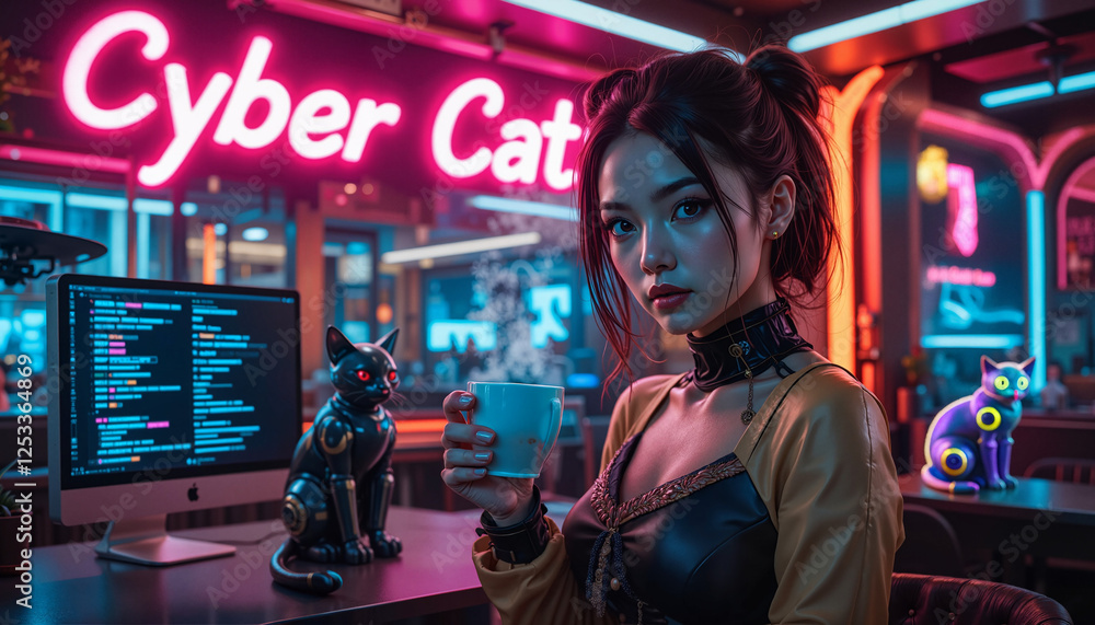 Fototapeta premium Cyberpunk-style woman in a futuristic cat café