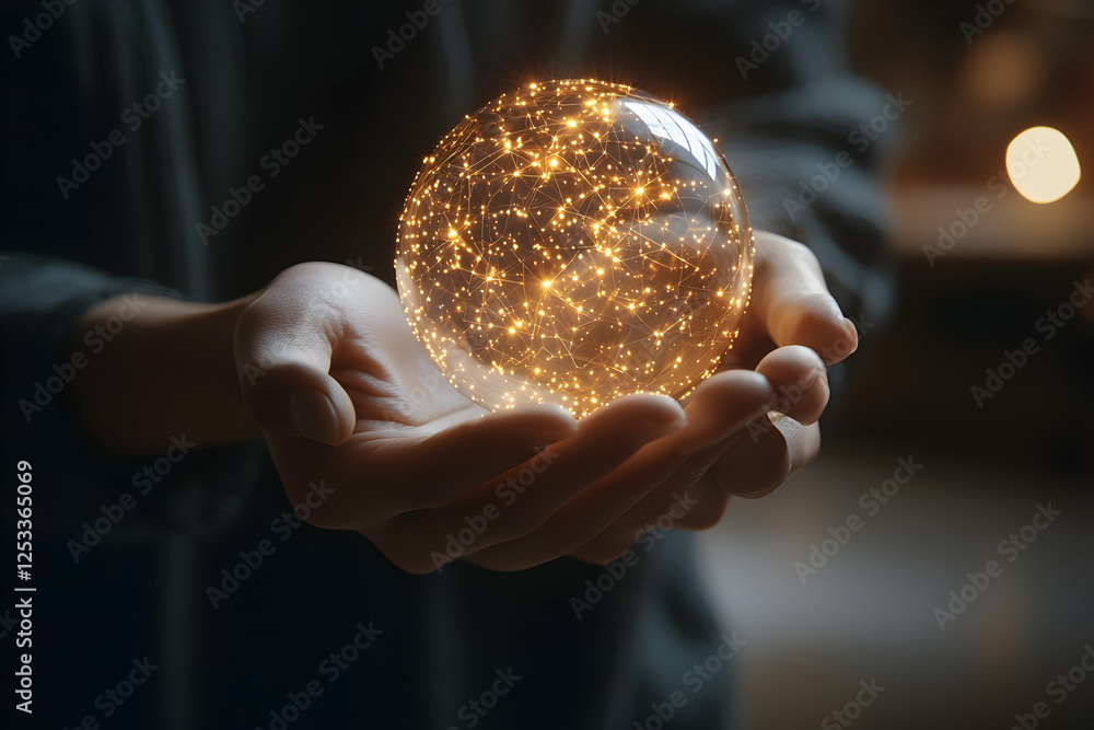 Hands holding glowing orb, indoor, dark background, future concept Hands holding glowing orb, indoor, dark background, future concept