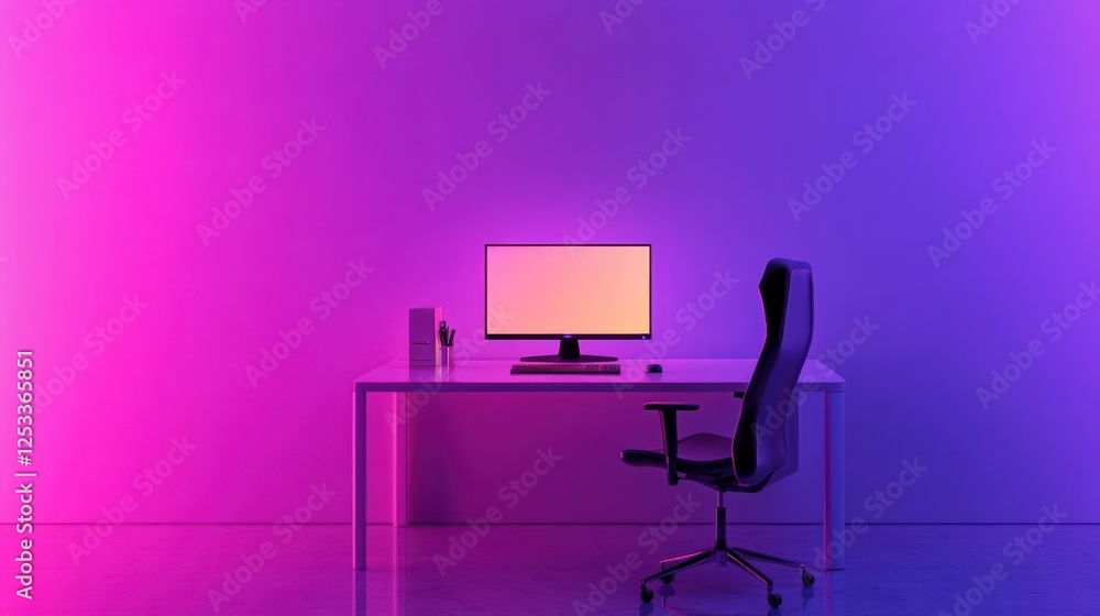 Modern minimalist gaming setup with purple lighting Modern minimalist gaming setup with purple lighting