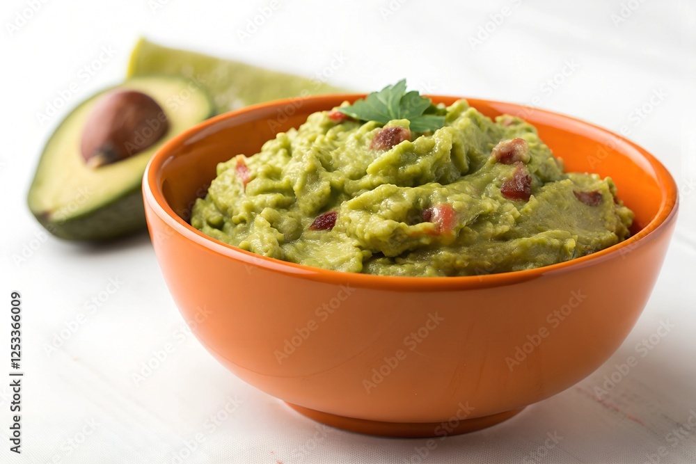 guacamole in orange bowl with avocado on the background guacamole in orange bowl with avocado on the background