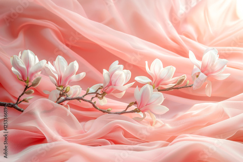 Magnolia branch on pink silk fabric, creating scene stage for product presentation. Concept of beauty, nature, sophistication. Perfect for montage products, cosmetics, fashion, and high-end branding