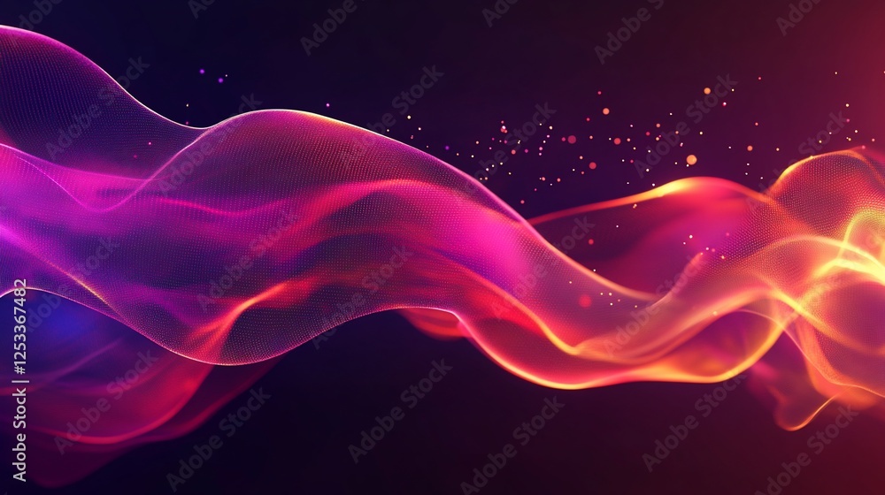Abstract fluid wave pattern with particles in shades of purple and orange on dark background Abstract fluid wave pattern with particles in shades of purple and orange on dark background