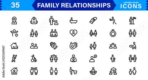 Family & Relationships Icons. High-Quality Line and Outline Vector Illustrations for Parenting, Friendship, Love, UI/UX, and Digital Design