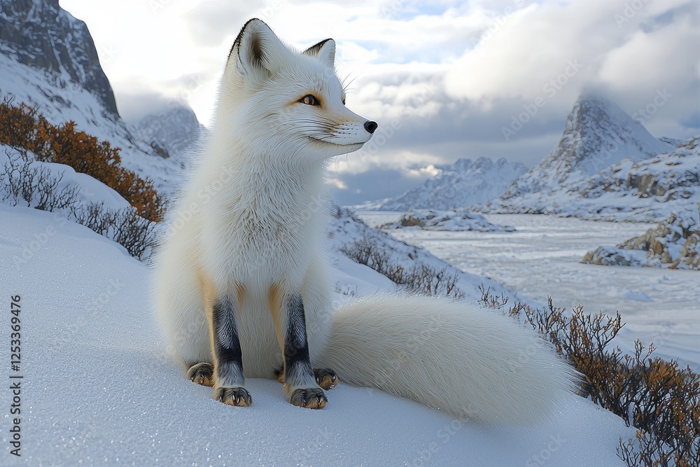 Arctic Fox Sitting in Snowy Mountain Landscape Arctic Fox Sitting in Snowy Mountain Landscape