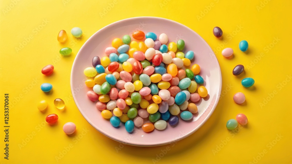 A vibrant collection of colorful candy coated sweets arranged on a pink plate and scattered on a yellow background A vibrant collection of colorful candy coated sweets arranged on a pink plate and scattered on a yellow background