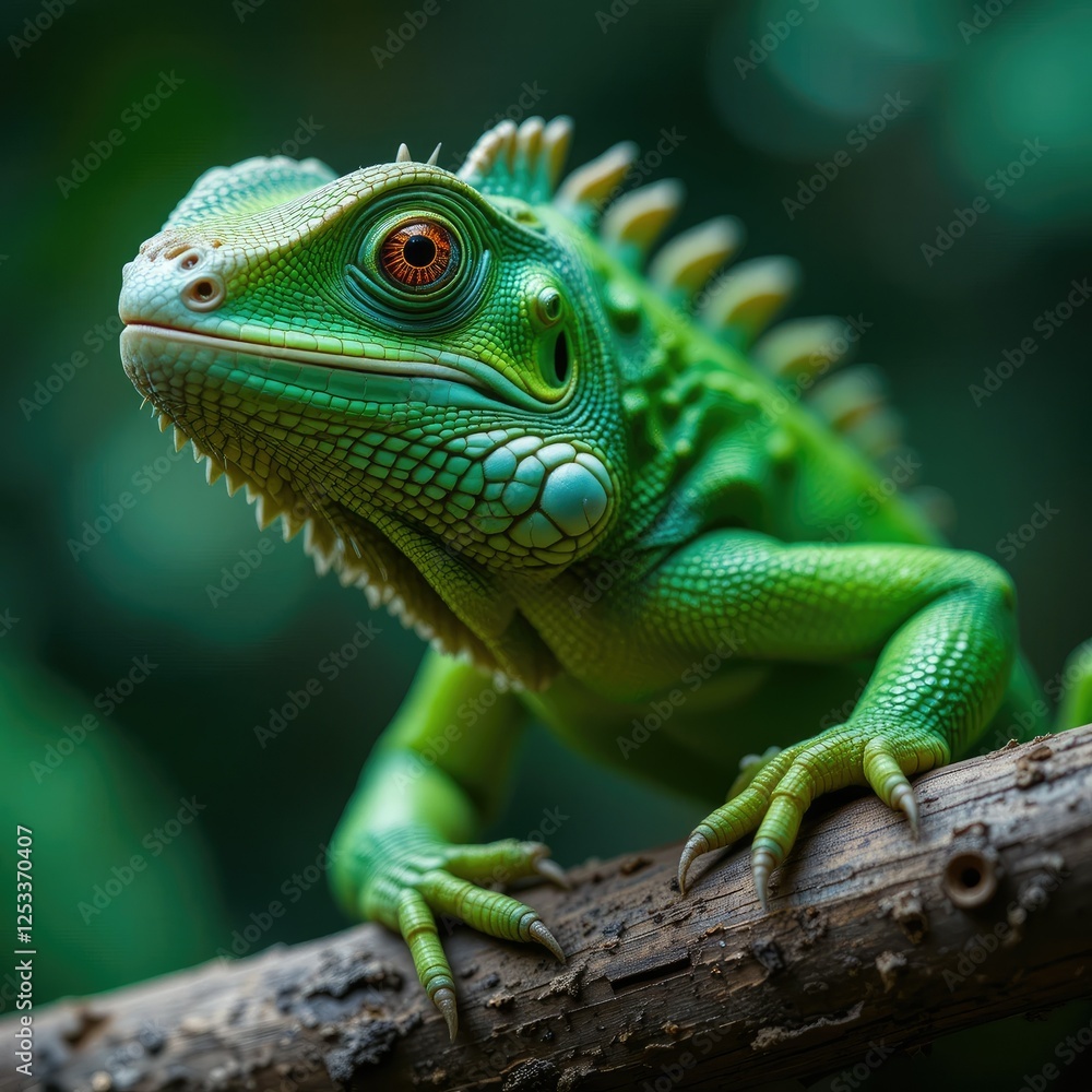 Vibrant Green Iguana on Branch, Close-up Portrait Vibrant Green Iguana on Branch, Close-up Portrait