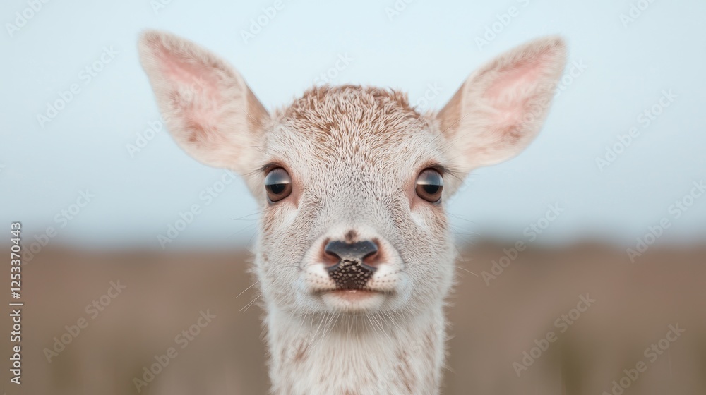 Fototapeta premium Close-up fawn, looking directly at camera, natural light, outdoors. Possible use wildlife, nature photography