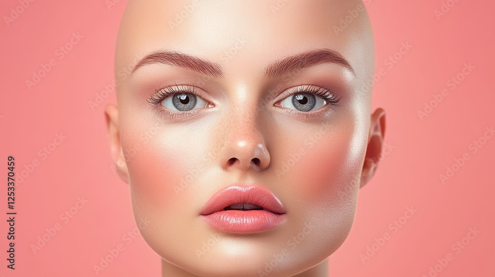 Woman with a shaved head and a pink background. She has a pink lip and a pink nose Woman with a shaved head and a pink background. She has a pink lip and a pink nose